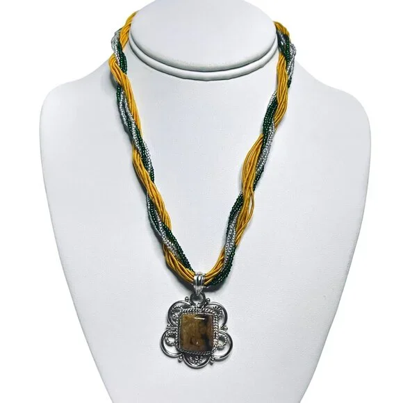 12 Strand Green & Silver Seed Bead Necklace With Jasper Pendant (5891) - Picture 1 of 6